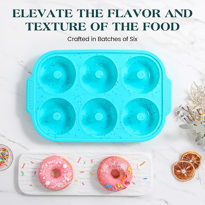 Silicone Donut Pan for Baking with Metal Reinforced Frame, Nonstick 3.25 inch Doughnut Baking Pans, 6 Cavity Donut Trays, Make Perfect Bagels and Cake Donuts (Aque+Cream)