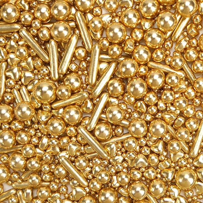 Edible Gold Pearl Heart Rods Sprinkles, Mix Size, Gold Pearl Sprinkles for Cake Decorating, Cupcake Topper Decorations, Wedding Party Christmas Supplies, 130g/4.58oz