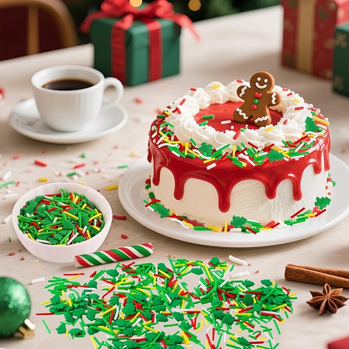 Christmas Sprinkles Edible 8 Oz Christmas Tree Sprinkle Holiday Cake Sprinkles Red Green White Jimmies Sprinkle Edible Winter Holiday Jimmies Mix for Cake Baking Cookie Ice Cream Decorations