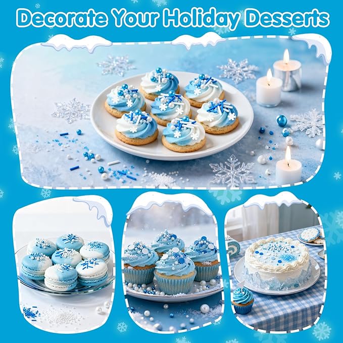 Christmas Edible White Snowflake Sprinkles,Blue White Nonpareils Pearls Jimmies Mix Sugar Sprinkle,100g,Snow Block Candy for Cake Decorating,Holiday Cake Decorations,Dessert,Cookies,Christmas Winter Baking Decorating