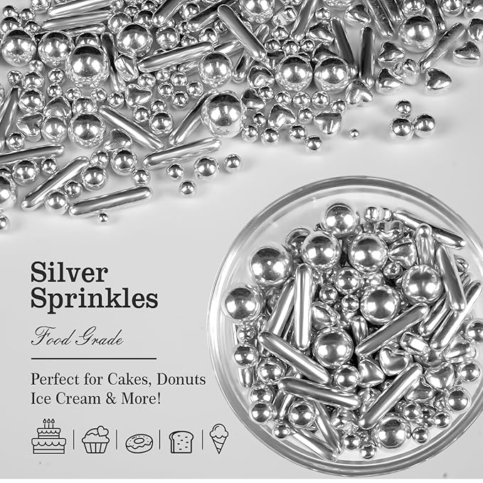 Silver Pearl Rods Heart Christmas Sprinkles, Baking Sugar, Silver Sprinkles for Cake, Mix Size, Cupcake Decoration, Holiday, Wedding Party Supplies, Foodgrade Decorating
