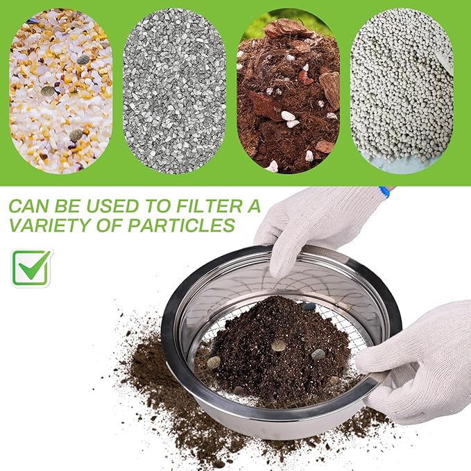 8PCS Soil Sifter Sieve Set - Rock Sifter, Sieve Fine Mesh Stainless Steel, Compost Sifter, with 1/3/6/9/12mm Sieve Mesh & Shovel & Gloves, Suitable for Screening Particulate Matter