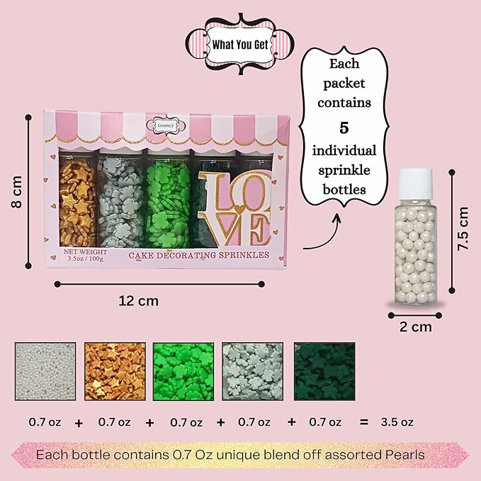 Confect St. Patricks Green & Silver Flower Sprinkles | White Pearl, Gold Star Edible Sprinkles for Baking & Cake Decorative | Edible Sprinkles mix pack of 5 | Dairy-Free, Palm Oil-Free - 5 Oz