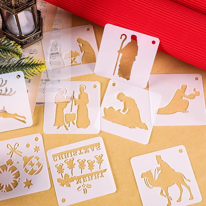 Augshy 56 Pack Christmas Nativity Stencils for Painting on Wood DIY Nativity Scene Stencils for Painting Scrapbooking Drawing Wall Floor Decor DIY Rock Painting Art Projects (3 Inch)