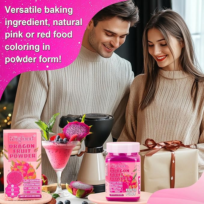 Dragon Fruit Powder - Kiigfood 5.3 oz/150g Natural Fruit Powder, Freeze-Dried Pink Pitaya Powder for Dragon Fruit Syrup, Drink, Christmas Baking, Smoothies, Cocktail, Food Coloring - Vegan, Non-GMO, Gluten-Free