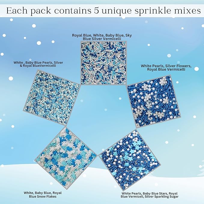 Confect Christmas Sprinkles | Sky Blue, Blue & White Mix | Edible Pearl, Star & Flower Shaped Sprinkles | Winter Holiday Cake & Cupcake Decorations- 5 Oz