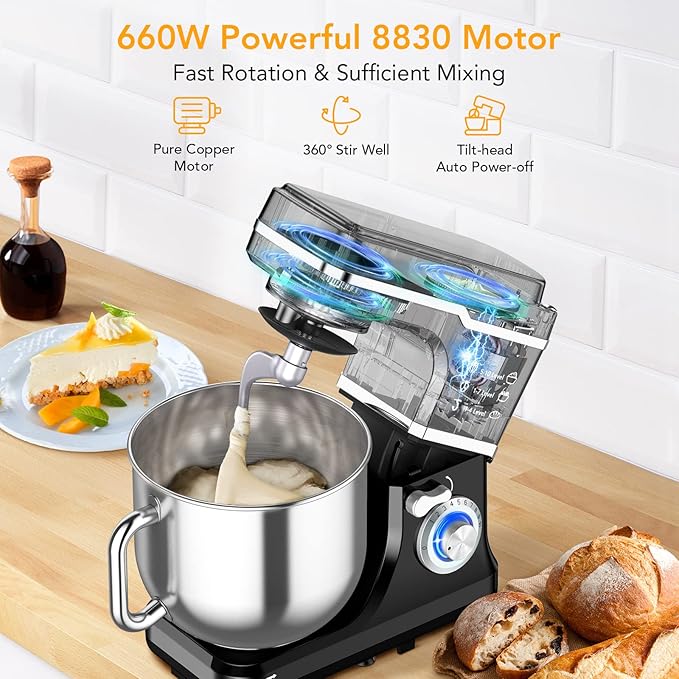 Garvee 7.5 QT Stand Food Mixer, 10-Speed Tilt Head 3 in-1 Kitchen Electric Mixer with Stainless Steel Bowl, Egg Whisk, Dough Hook, Beater, Splash Guard, Compact Dough Mixer for Home Cooks, Black