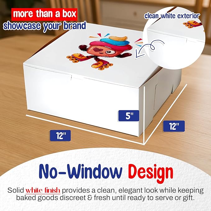 MT Products Custom Printed Bakery Boxes - 12" x 12" x 5" White Customizable Cake, Cookie and Pie Boxes with Logo - Made in the USA