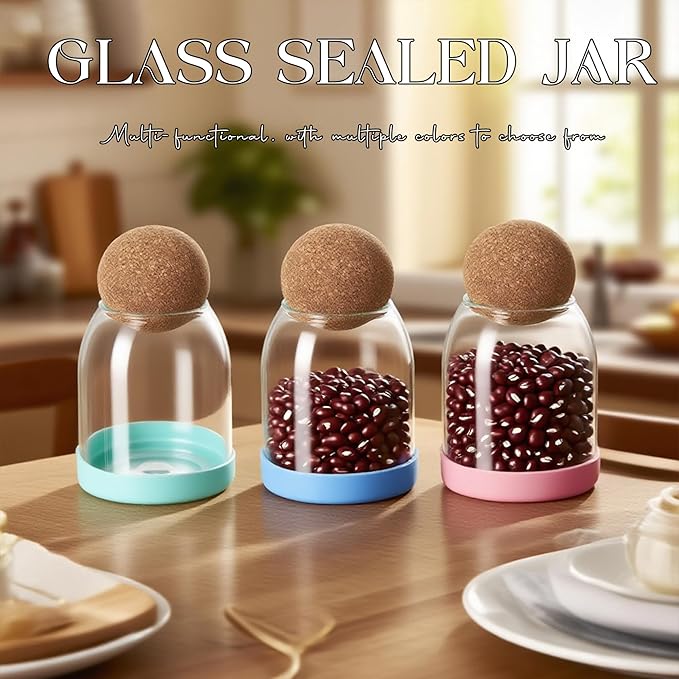 6 pcs Glass Storage Container with Ball Cork Glass Jars with Cork Lids Glass Food Storage Containers with Ball Stopper Coffe Canister for Oats, Coffee, Spices, Candies, Flour 17oz/500ML