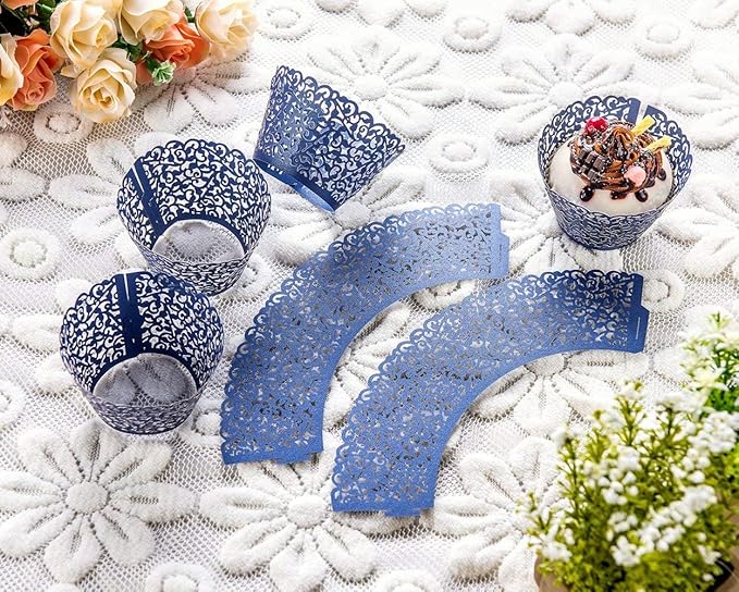 100pcs Cupcake Wrappers Artistic Bake Cake Paper Cups Little Vine Lace Laser Cut Liner Baking Cup Muffin Case Trays for Wedding Party Birthday Decoration (Navy Blue)