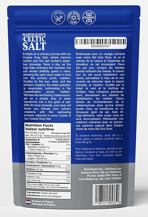 Napoleon's Celtic Organic 82 Minerals Sea Salt Coarse, 1.0lb Resealable Bag, French Sea Salt, Grey Salt, Naturally Moist, Hand Harvested, Unrefined Mineral Salt, 100% Natural (1.0lb Grey Coarse) Pack of 1