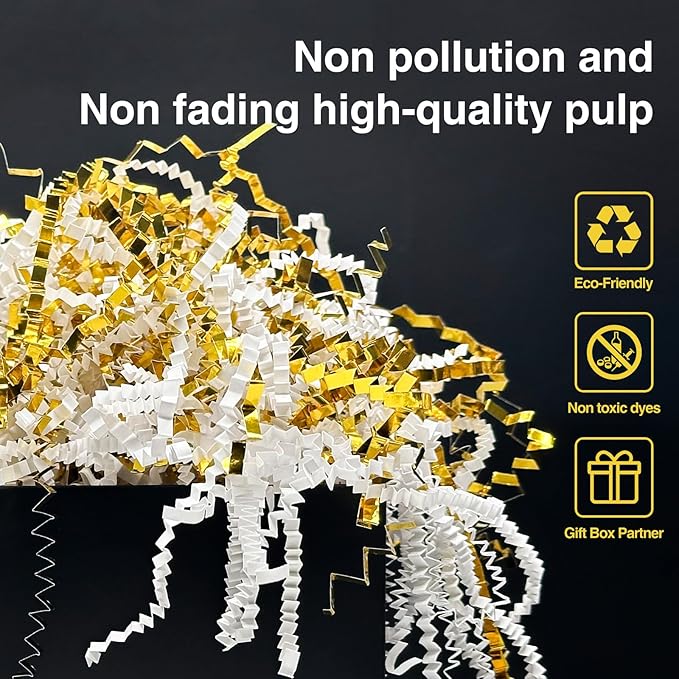 2LB Crinkle Paper Shred Filler for Bag Gift Box Basket Paper Shreded Stuffing Decoration in Party (White & Gold)