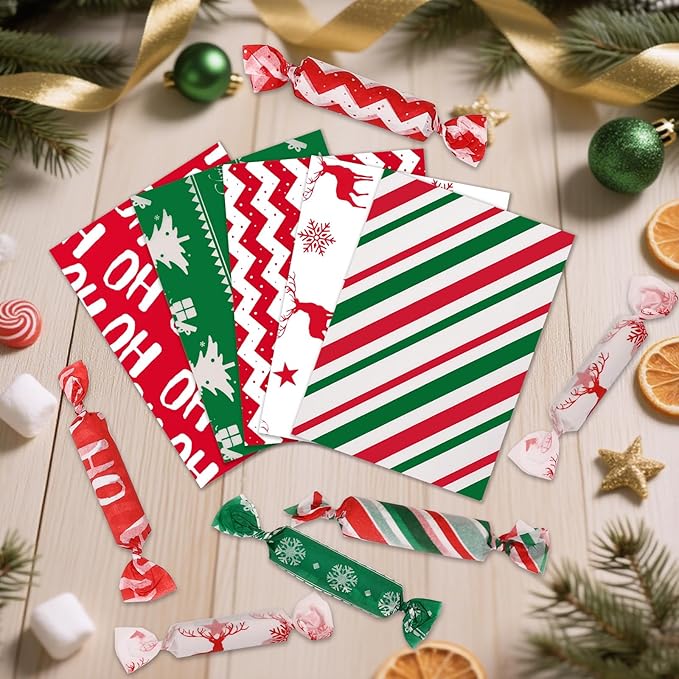 600Pcs Christmas Candy Wrappers, 6 Different Styles Christmas Caramel Chocolate Wrapper Tissues Xmas Greaseproof Twisting Wax Homemade Wrapping Paper for Candy Packaging Christmas Birthday Party