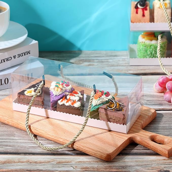 Eaasty 30 Pcs 9 x 3 x 3 Inch Clear Cupcake Boxes with Handles Portable Gable Boxes Paperboard Plastic Rectangular Cupcake Containers Dessert Cookies Bakery Gift Containers for Christmas Party