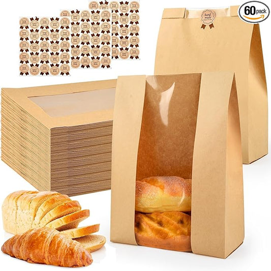 60 Pcs Bread Bags for Homemade, ROOKEA Sourdough Bread Bags with Window for Baked Paper Packaging with Sealing Stickers Bakery Cookie Food Snack Storage Large Kraft Paper 13.7x8.2x3.5 inch