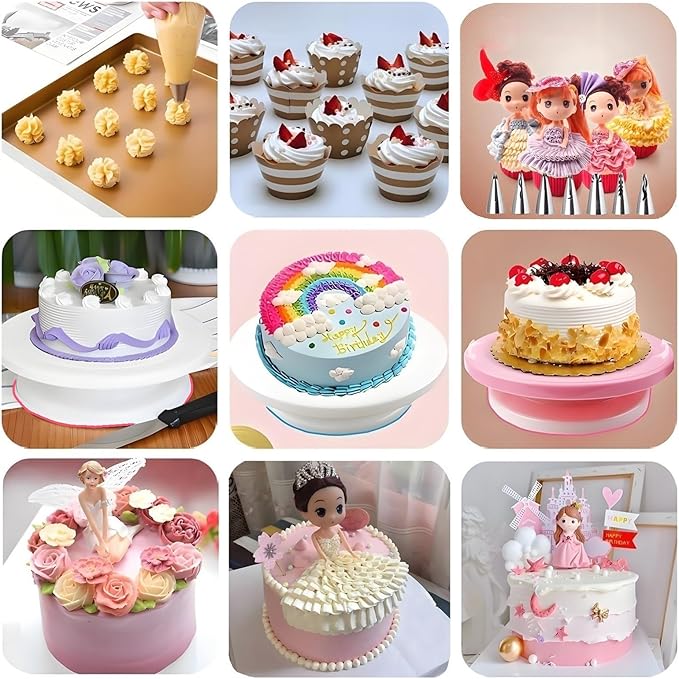 248 Pcs Cake Decorating Kit with Cake Turntable,Cake Leveler,24 Numbered Icing Piping Tips,2 Spatulas,3 Comb Scrapers,5 Bag Ties,8 Carved Pens,100 Pastry Bags,50 Cupcake Liners,50 Cake Flags
