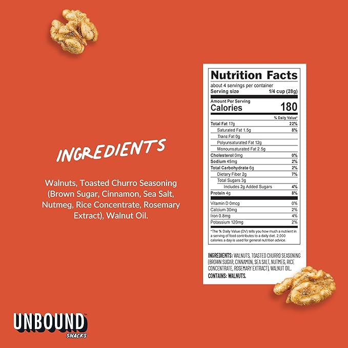Unbound Snacks Flavored Nuts - Toasted Churro Walnuts, 4 oz (Pack of 4) - Healthy Snacks, 4g Protein, 3g Sugar, High in Omega 3, Gluten Free, Vegan - Freshly Roasted & Seasoned Gourmet Walnut Halves