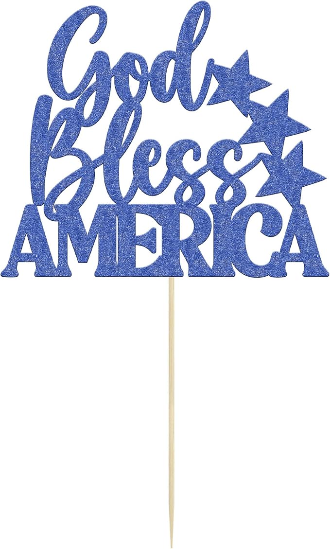1Pc God Bless America Cake Topper Blue Glitter Independence Day Cake Decorations for USA Patriotic Happy 4th of July American National Day Party Supplies