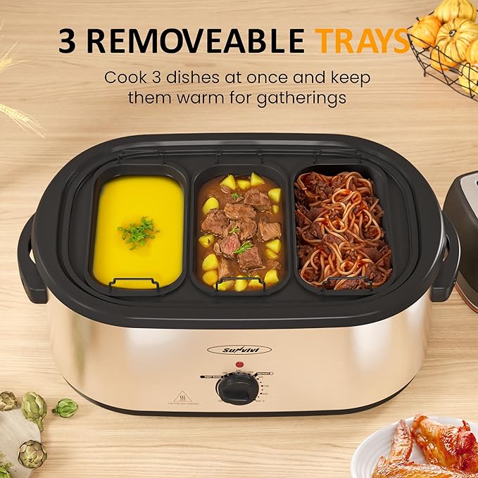 Sunvivi 20 QT Electric Roaster Oven with Self-Basting Lid, 3 Compartments, and Keep Warm Function, Full-Range Temperature Control (150-450°F), Stainless Steel