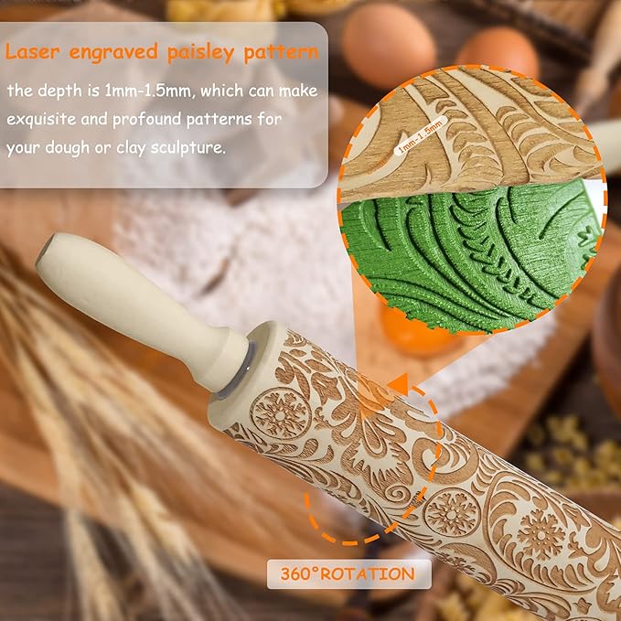 Embossed Rolling Pins for Christmas,3D Paisley Pattern Flower Snowflake rattan Wooden Roll Pin Laser Engraved Rolling Pin DIY Tool,Rolling Pin for Kids and Adults to Make Cookie Dough (38 * 5)