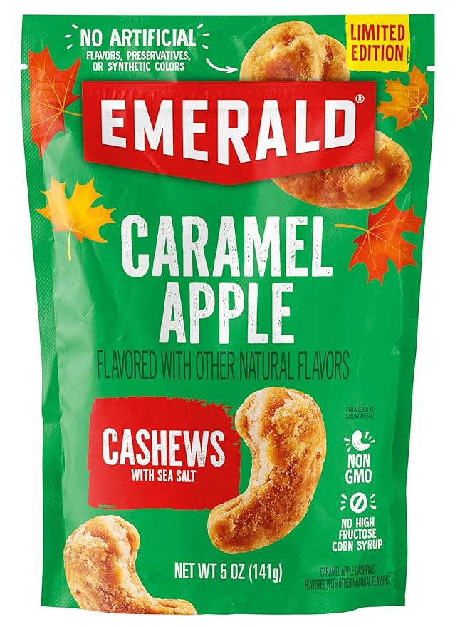Emerald Salted Caramel Apple Cashews (1-Pack) | 5oz Resealable Bag | Kosher Dairy Certified, Non-GMO, Contains No Artificial Preservatives, Flavors or Synthetic Colors