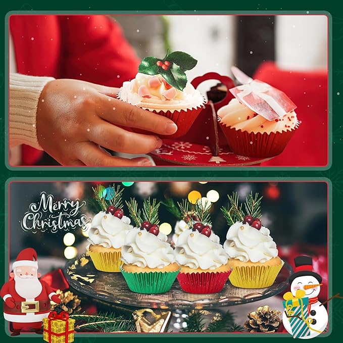 SANNIX 450Pcs Foil Cupcake Liners Christmas Metallic Cupcake Liners Muffin Baking Cups Christmas Cupcake Wrappers for Party Birthdays Baby Showers (Red, Green, Gold)