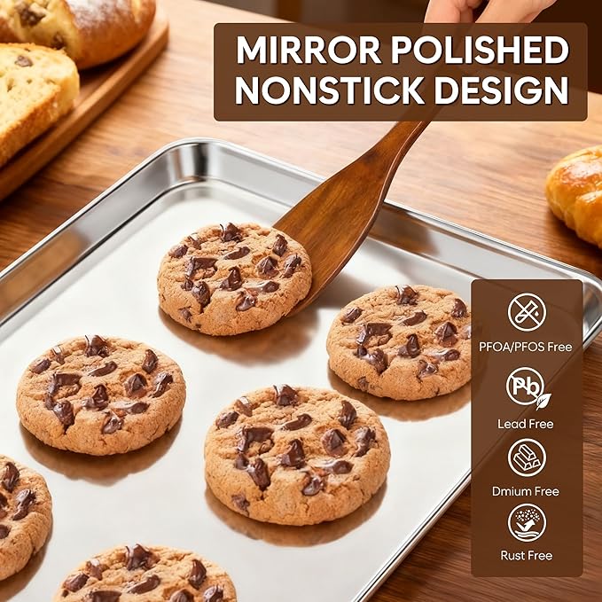 Stainless Steel Baking Sheet Set, 2 Pcs Quarter Cookie Sheet Pan Baking Trays for Oven, Non Stick and Heavy Duty and Easy Clean, 12.4 x 9.6 x 1 Inch