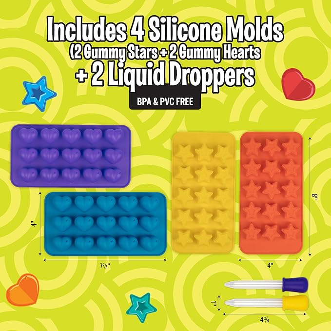 Star & Heart Silicone Candy Molds 4 Pack with 2 Droppers- Nonstick Gummy, Chocolate, Ice Cube & Baking Molds- BPA-Free Trays for Holiday Treats, Fall Crafts, Birthday Party Favors & DIY Gifts for Kids