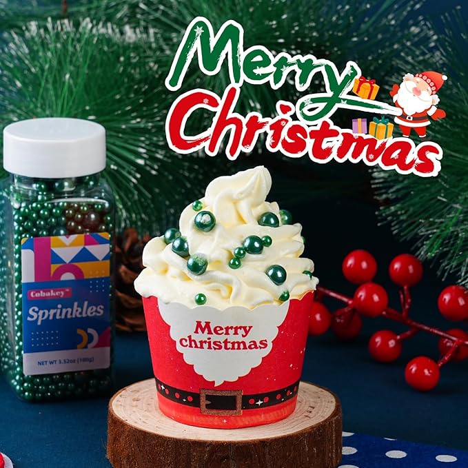 Green Sprinkles for Cake Decorating, 100g/3.5oz Edible Christmas Green Pearl Sprinkles Mix, Sugar Candy Pearls for Baking, Cookie Decorations and Cupcake Toppings, Wedding Party Holiday Supplies