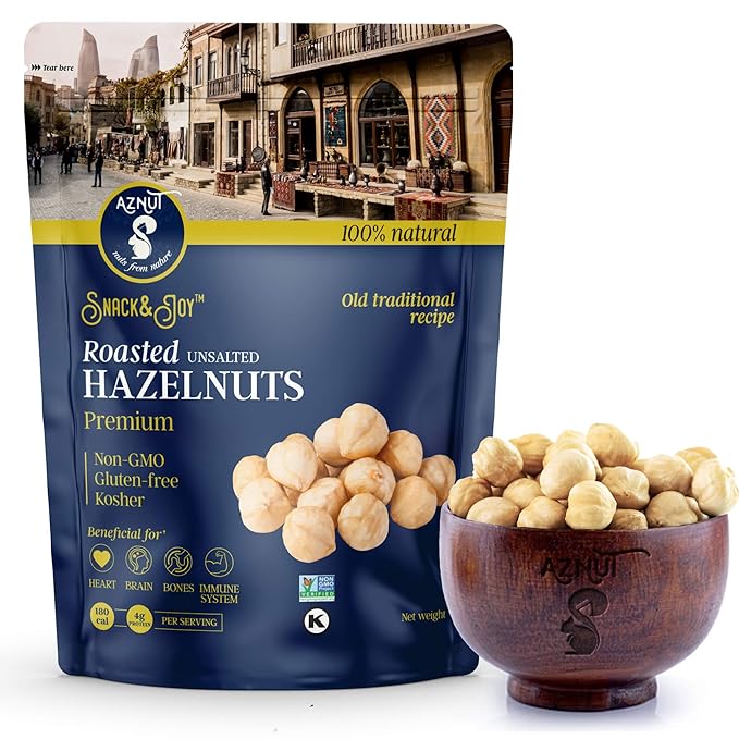 AZNUT Roasted Unsalted Hazelnuts 2 LB, Premium Quality 100% Natural Non-GMO Project Certified, Kosher Certified, No Salt, No Oil, Gluten Free, Keto Diet Snacks, Resealable Bag 2 LB