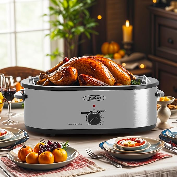 Sunvivi 20 Quart Electric Roaster Oven Turkey Roaster with Lid Electric Roasters with Removable Pan Large Roaster, Self-Basting Lid, Fast Heating & Thaw/Warming Setting, Silver