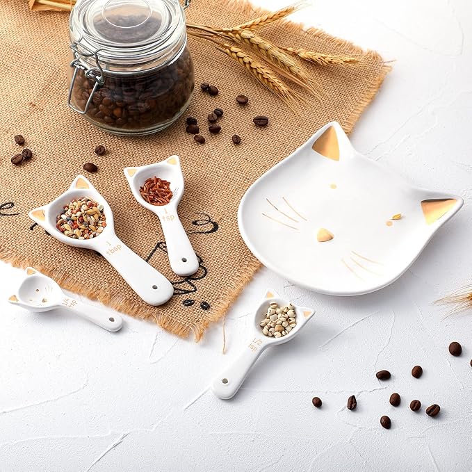 Patelai 5 Pcs Cat Measuring Spoons Set Kitchen Ceramic Counter Cat Ceramic Soup Spoon for Christmas Women Gift(White)