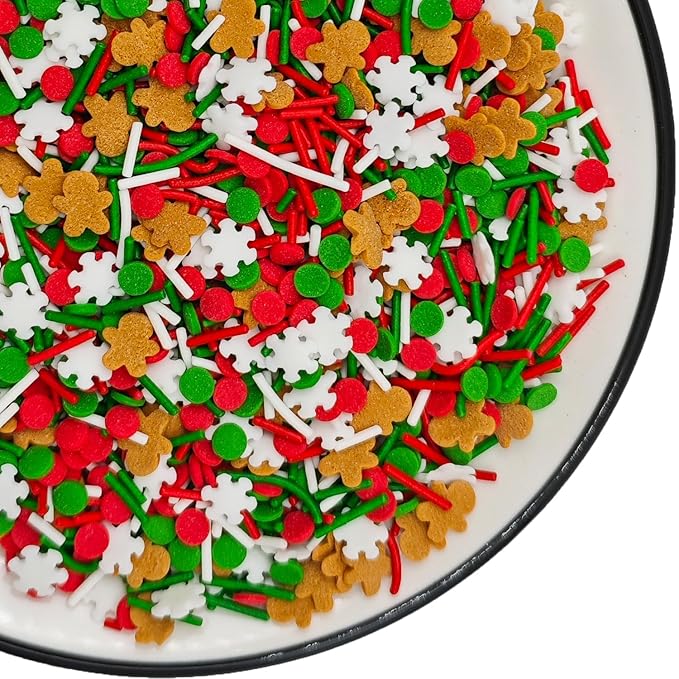 Edible 3.4 oz White Christmas Snowflake Confetti Candy Sprinkles Red Green White Jimmies Dessert Sprinkle Gingerbread Men Cupcake Toppers Cookie Decorations for Xmas Cake Decorating