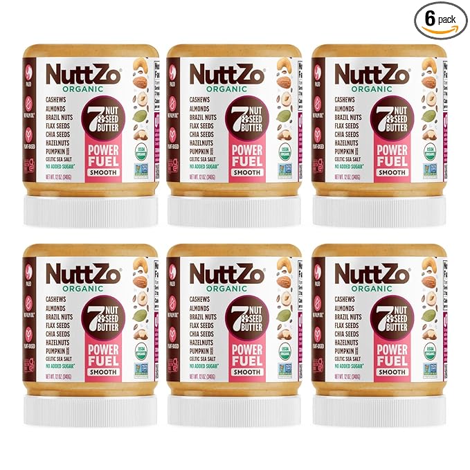 NuttZo Organic Power Fuel 7 Nuts and Seeds Butter, Smooth, Paleo and Keto Friendly, Peanut and Gluten Free, Vegan, Kosher, No Added Sugar or Oil, 12 oz Jar, 6 Pack