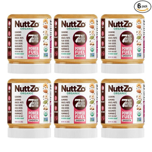 NuttZo Organic Power Fuel 7 Nuts and Seeds Butter, Smooth, Paleo and Keto Friendly, Peanut and Gluten Free, Vegan, Kosher, No Added Sugar or Oil, 12 oz Jar, 6 Pack
