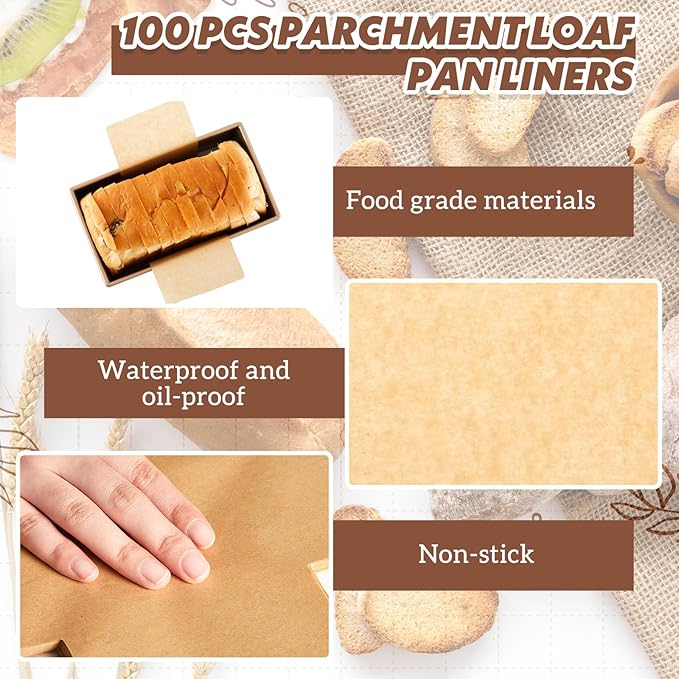 100 Pcs Loaf Pan Liners for Baking Bread Pan 13 x 5 Inches, Non-stick Disposable Greaseproof Baking Paper for Bread, Cakes, Toast