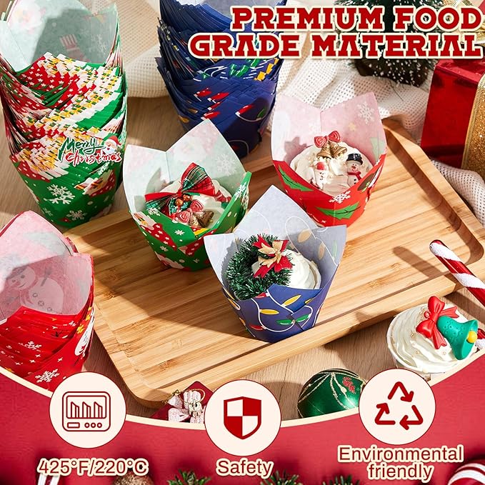 300 Pcs Jumbo Muffin Liners for Baking 2-1/4" x 4" Large Tulip Cupcake Liners Greaseproof Cupcake Wrapper Paper for Weddings Birthday Christmas Anniversaries Party (Christmas Color)
