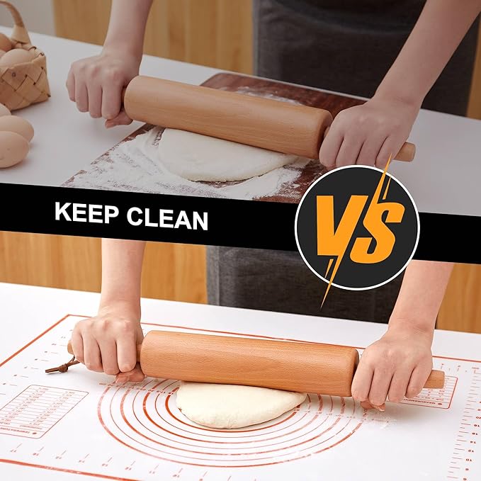 Classic Wood Rolling Pin - Wooden Rolling Pins for Baking Silicone Mat Set, Dough Roller with Wood Base, Fondant Roller for Pie Crust Cookies Pizza Dough and Bread, 17 Inch