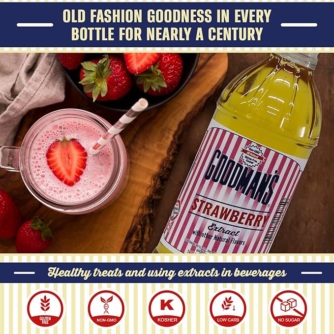 Goodman's Natural Strawberry Extract - Gluten-Free, Non-GMO, Kosher, Low Carb & Low Calorie, Low Alcohol, No Artificial Color, No Animal Products, No Sugar -Enhances Baking, Drinks & Desserts - 1 Pint