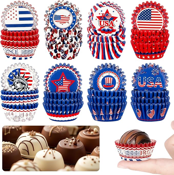 AUGSUN 800pcs 4th of July Mini Cupcake Liners Independence Day Baking Mini Muffin Cupcake Wrappers for Patriotic Holiday Birthday Veterans Party Cake Candy Chocolate Decorations Supplies