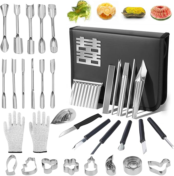 48-Piece Stainless Steel Fruit & Melon Carving Tools Set with Gloves - Watermelon Sculpting Kit, Ergonomic Handles, Portable Case for Culinary Arts, Sculpting, Peeling