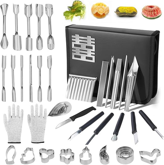 48-Piece Stainless Steel Fruit & Melon Carving Tools Set with Gloves - Watermelon Sculpting Kit, Ergonomic Handles, Portable Case for Culinary Arts, Sculpting, Peeling