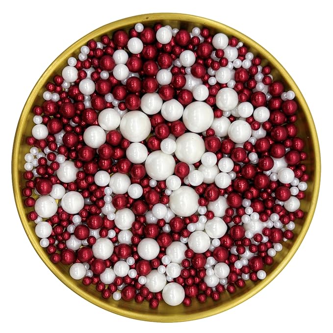 Edible Red & White Sugar Pearls Sprinkles Candy Mix Size Pearls Cake Decorations Cupcake Toppers Decorating Perfect for Wedding Party Valentine Christmas Supplies 4.58OZ