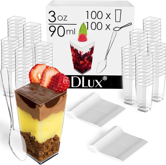 DLux 100 x 3 oz Mini Dessert Cups with Spoons and Lids, Square Tall - Clear Plastic Parfait Appetizer Cup - Small Reusable Serving Bowl for Party Desserts Appetizers - With Recipe Ebook