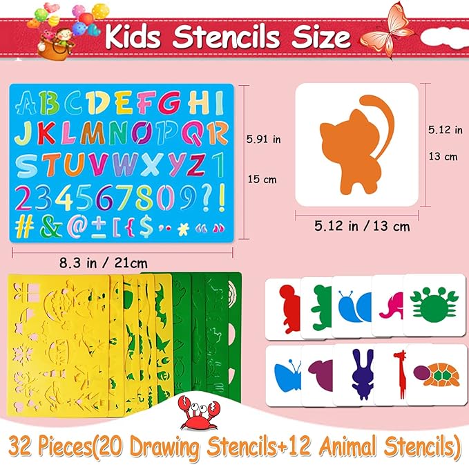 Stencils for Kids, 32 pcs Plastic Drawing Stencils Kits Animals Shape Stencils for Kids Boys Grils Crafts School Art Projects