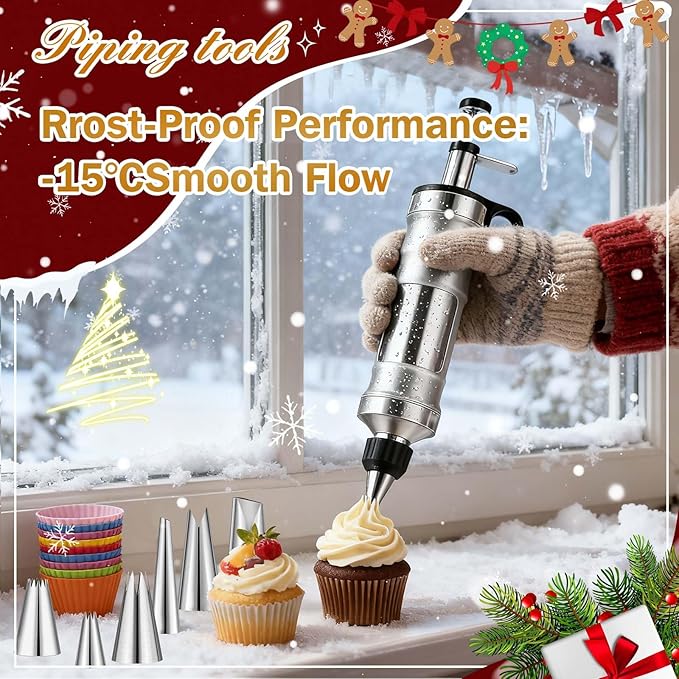 Dualshine Dessert Decorating Syringe Set, Frosting Piping Kit, Stainless Steels Icing Piping Kit, Cake Decorating Tools 6 Russian Piping Icing Nozzles Cupcake Piping Kit Christmas Baking Gifts