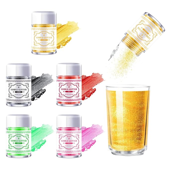 Edible Glitter for Drinks – 5 Colors Luster Dust, Food Grade Cocktail Shimmer Powder for Cakes, Beverages, Chocolate & Candy, 5g/Bottle