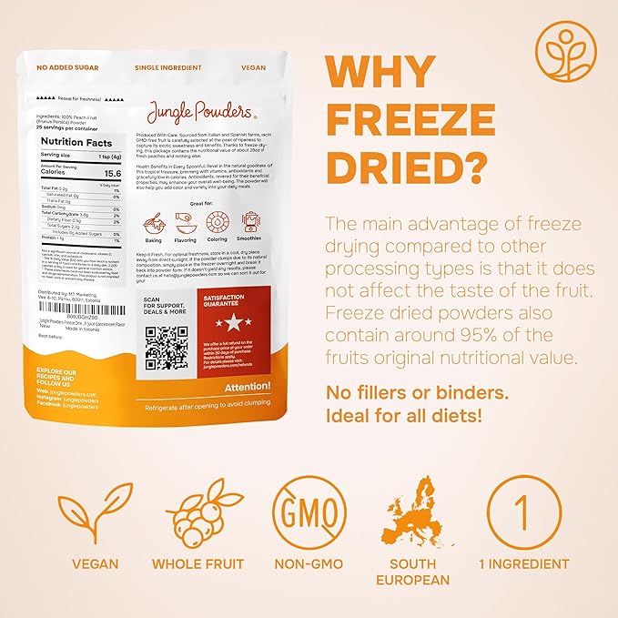Jungle Powders Freeze Dried Peach Powder 3.5 Ounce Bag Powdered Freeze Dried Peaches Peach Powder for Baking Peach Flavoring Freeze Dried Fruit Powder No Sugar Added Filler Free Dehydrated Peaches