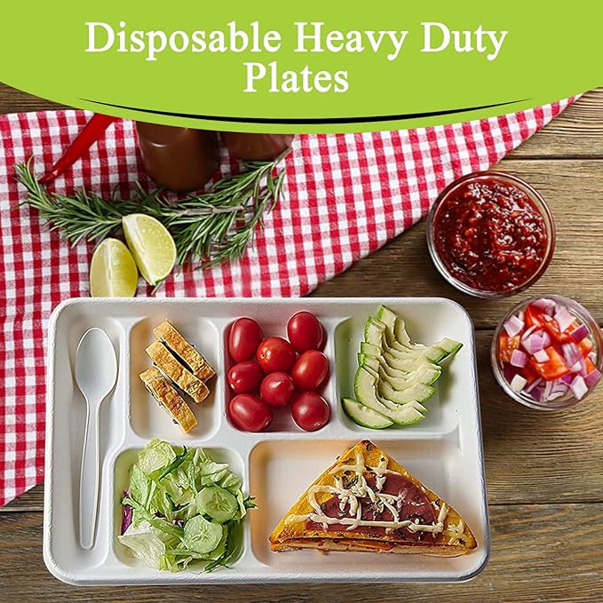 three leaf 6 COMPARTMENT BAGASSE TRAY 50 Ct. Heavy-Duty- Super Strong- Natural- Eco-Friendly Disposable Bagasse Plates, 100% Biodegradable 6 Compartment meal Plates