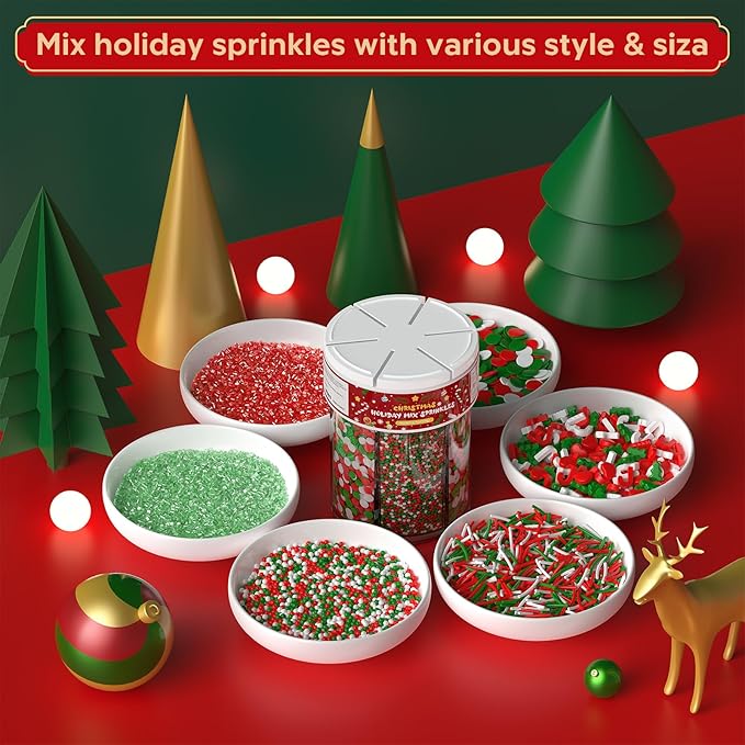 Christmas Sprinkles for Baking, 6 Cell Mix Sprinkles for Christmas Cake Decorating Fancy Sanding Sugar Sprinkles Colorful Sprinkles for Ice Cream,Donut,Chocolate Candy,Cookies Decorating - 6.7 oz